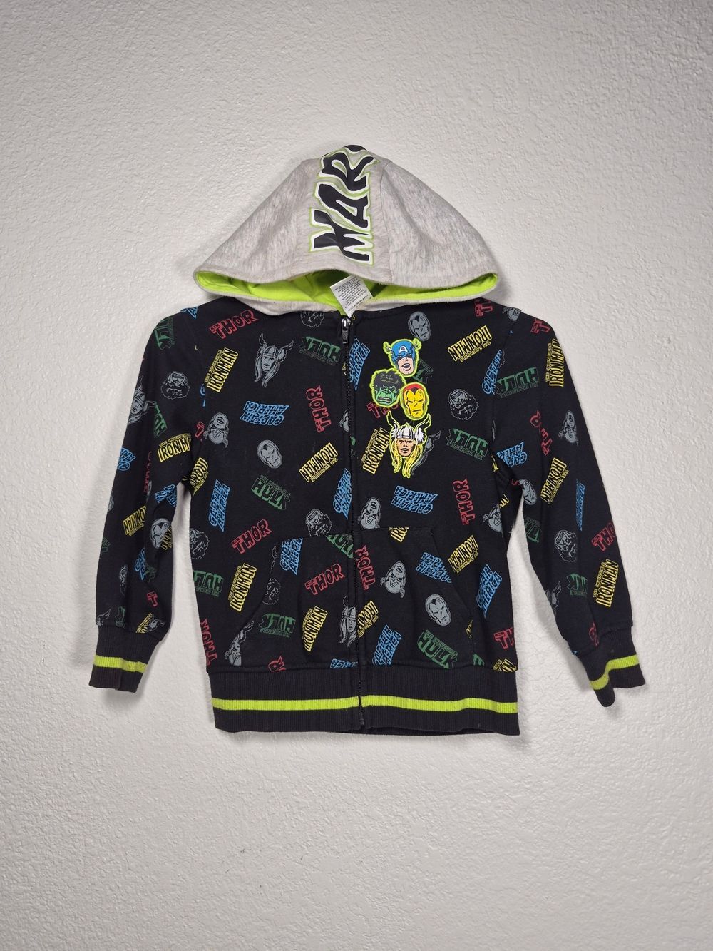 Marvel Avengers Kids Boys Full-Zip Graphic Hoodie Jacket Black Neon Size 6